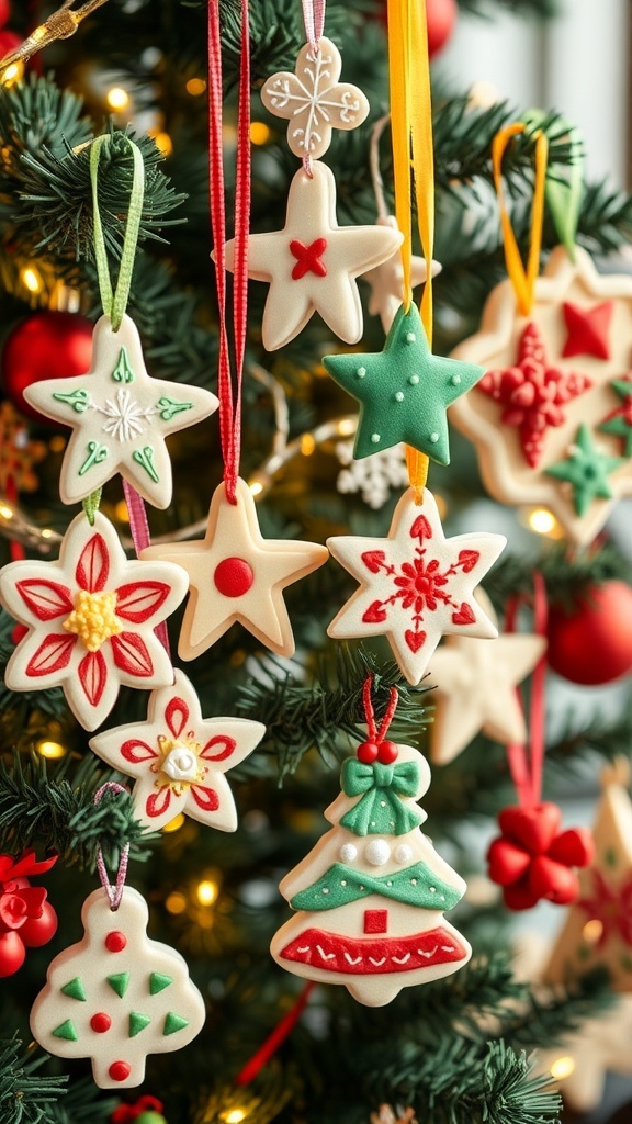Colorful homemade Christmas ornaments hanging on a tree, showcasing festive shapes and designs.